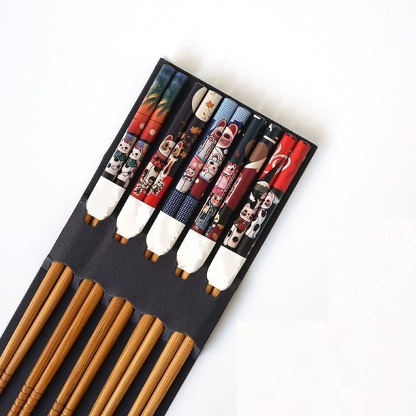 Bamboo Chopsticks with Cats 5 Pairs 1