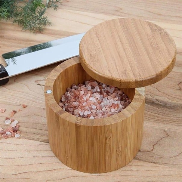 Bambus dåse til salt og krydderier med drejelåg Rund opbevaringsbeholder til fødevarer 9 x 7 cm Praktisk tilbehør til køkkenbordet 1