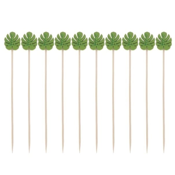 Bambusová napichovátka se zeleným tropickým listem 100 ks Ozdobná párátka na jednohubky a ovoce Délka 12,5 cm Pro letní party i oslavy 1