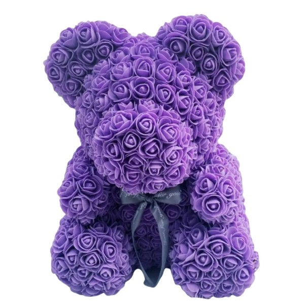 Bamse med gråt bånd lavet af kunstige roser Luksus blomsterdekoration Håndlavet Valentinsdagsgave Romantisk ornament Indvendig figur 25 cm lilla