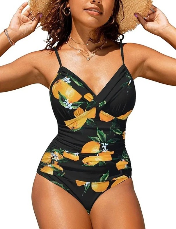 Bañador de mujer de una pieza, color negro con estampado de frutas amarillas, escote cruzado, fruncido en los laterales, efecto moldeador, tirantes ajustables. XXL