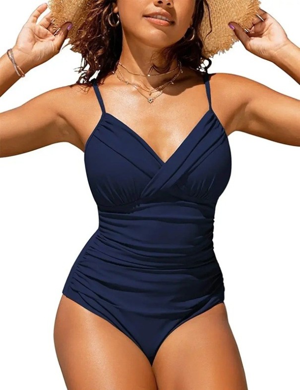 Bañador de mujer de una pieza con escote cruzado Corte moldeador Fruncido en los laterales Tirantes ajustables Elegante diseño veraniego azul oscuro S