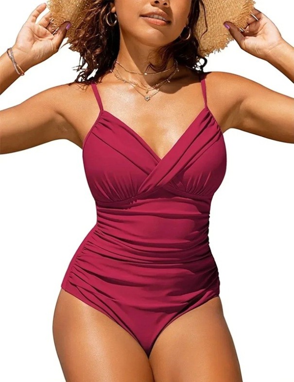 Bañador de mujer de una pieza con escote cruzado Corte moldeador Fruncido en los laterales Tirantes ajustables Elegante diseño veraniego rojo XXL