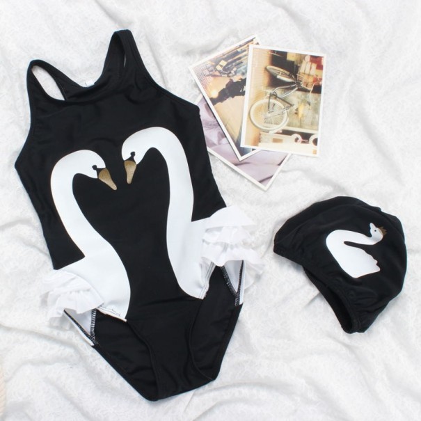 Bañador + gorro de baño para niña con estampado de pájaros acuáticos J2491 negro 9-12 meses
