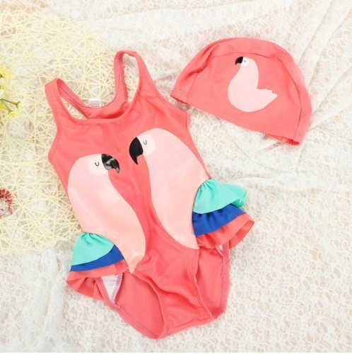 Bañador + gorro de baño para niña con estampado de pájaros acuáticos J2491 rojo 3