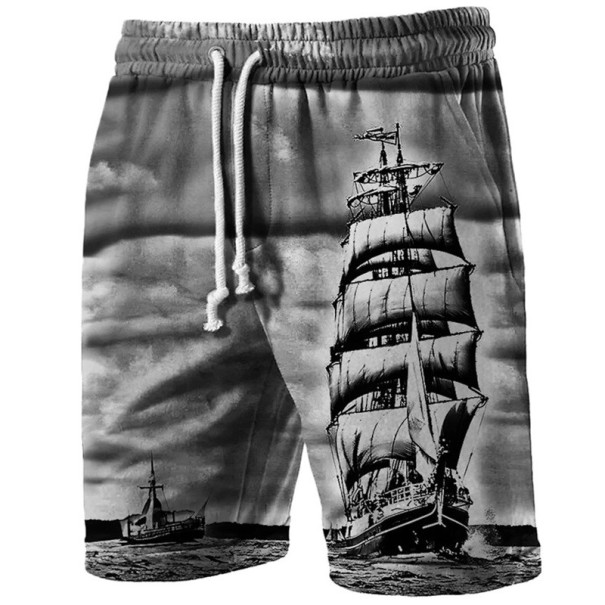 Bañadores cortos de hombre de poliéster de color sólido con estampado de barcos, con cordón y bolsillos, para la playa y la piscina gris M