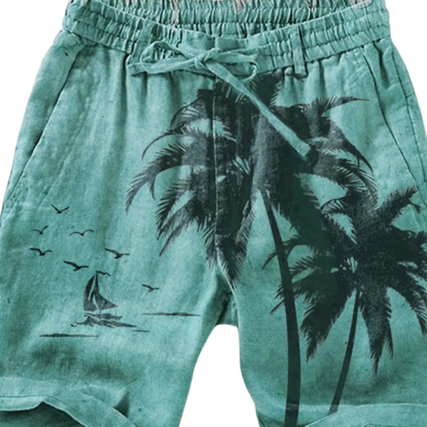 Bañadores cortos para hombre de poliéster de un solo color con estampados de palmeras, con cordón y bolsillos, para la playa y la piscina de verano verde M