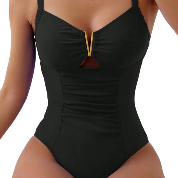 Bañadores de una pieza para mujer con tirantes finos escote en V color sólido de nylon elegantes bañadores de verano para la playa y la piscina negro M