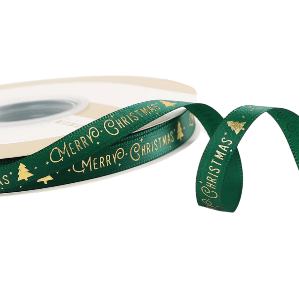 Bandă decorativă de Crăciun 1 cm x 5 metri vinovată cu motivul zâmbitor Merry Christmas Vesele Crăciun și brăduți pentru ambalarea cadourilor și decorarea festivă verde