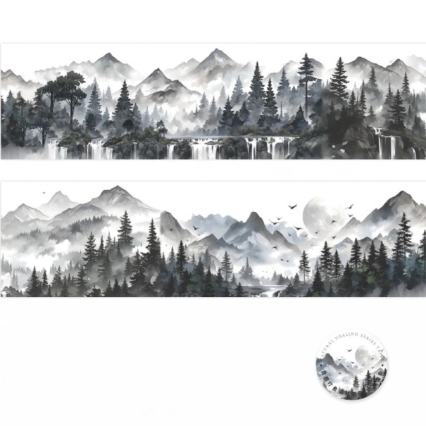 Bandă decorativă impermeabilă 4 x 4,5 x 200 cm Motiv munți și păduri peisaj DIY ornament pentru cană caiet jurnal decorare creativă negru