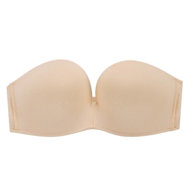 Ladies' bandeau bra without straps with lace Moulded cups and hook fastening Stretchy material Under dresses and tops with exposed shoulders cream 85C
