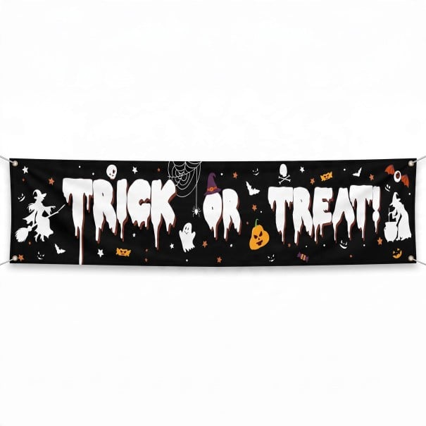 Banner de Halloween Trick or Treat cu vrăjitoare 200 x 40 cm Polyester cu ochiuri metalice Decorațiune alb-negru pentru gard și verandă Placă 1