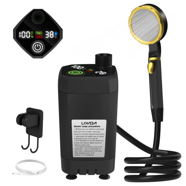 Bärbar duschpump 6000 mAh med digital display USB-C laddning 2m slang campingduschmunstycke silikon 800 g svart