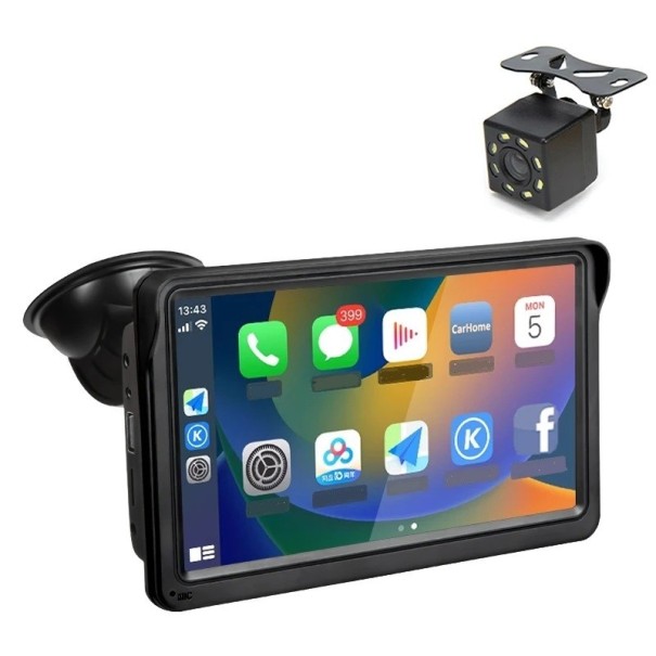 Bärbar HD-pekskärm för bilen med stativ och parkeringskamera 7&quot; Trådlös display med backkamera och stöd för Apple CarPlay och Android Auto 1