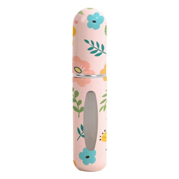 Bärbar parfymfördelare med kontrollfönster 5 ml fickatomizer 8.2×1.52 cm ljusrosa med färgglada blommor för resor 1