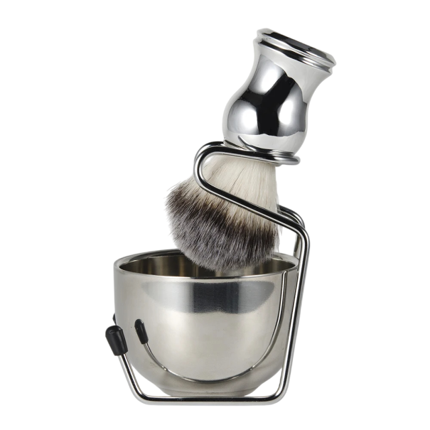 Barberkost, skål og børsteholder Traditionelt barbersæt Skumskål Holder til tørrebørste Bløde børster Ergonomisk design sølv
