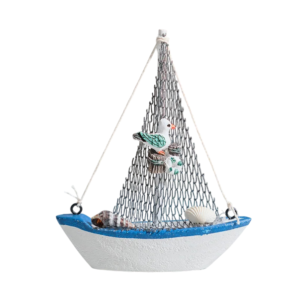 Barca decorativa in legno con rete e uccello 11x3x13 cm legno blu bianco decorazione marittima per interni e accessori per la casa 1