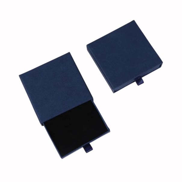 Barevné dárkové krabičky se zásuvkou 8×8×2 cm, kartonové šperkovnice s výsuvným šuplíkem a pěnovou výplní, na šperky tmavě modrá