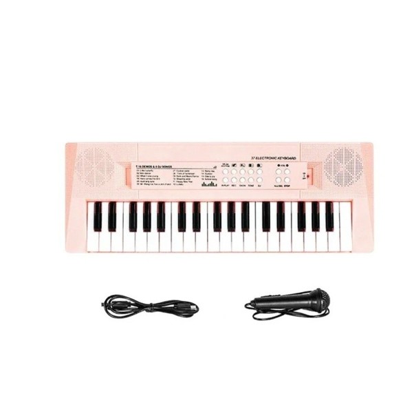 Barevné dětské elektronické pianko 41 x 15 cm se 37 klávesami, mikrofonem, USB kabelem a funkcemi hraní růžová
