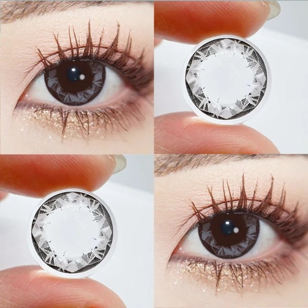 Barevné kontaktní čočky dioptrie -2.25 s geometrickým vzorem průměr 14.4 mm měkké čočky pro cosplay a změnu vzhledu očí šedá