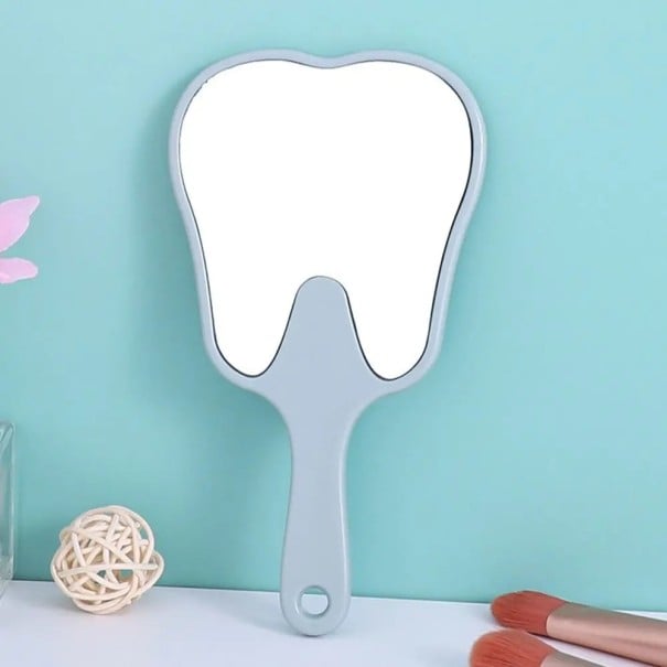 Barevné ruční zrcátko ve tvaru zubu Malé zrcadlo pro dentální kontrolu a make-up Přenosné zrcátko s držadlem Vysoké rozlišení modrá