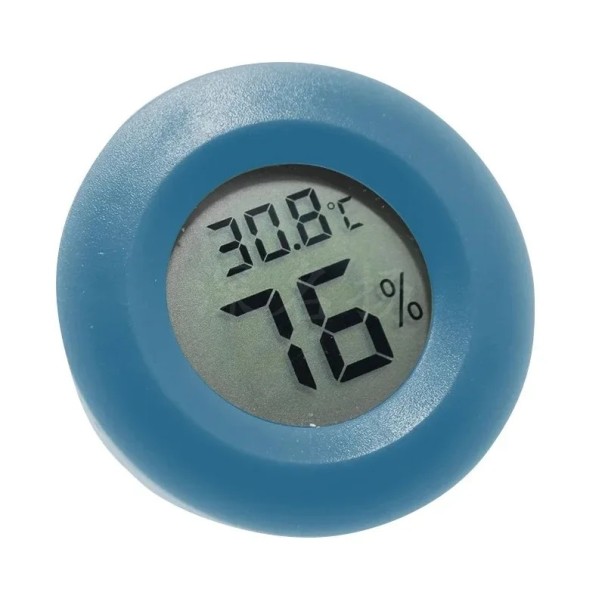 Barevný kulatý digitální teploměr a vlhkoměr průměr 45 mm LCD displej s baterií Kompaktní provedení do krabiček Přesnost Sledování vlhkosti modrá