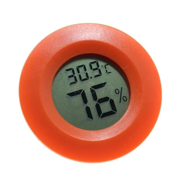 Barevný kulatý digitální teploměr a vlhkoměr průměr 45 mm LCD displej s baterií Kompaktní provedení do krabiček Přesnost Sledování vlhkosti oranžová