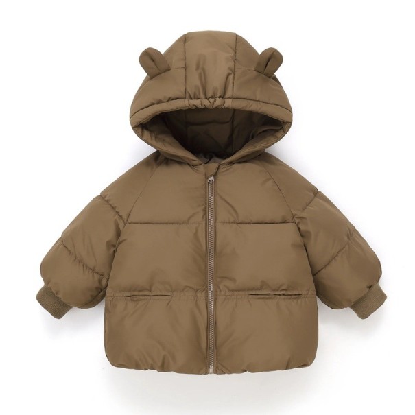 Barn vinterjacka med dragkedja och huva med öron och fickor Unisex varm bomulls-polyester jacka för pojkar och flickor Bekväma vinterkläder brun 4