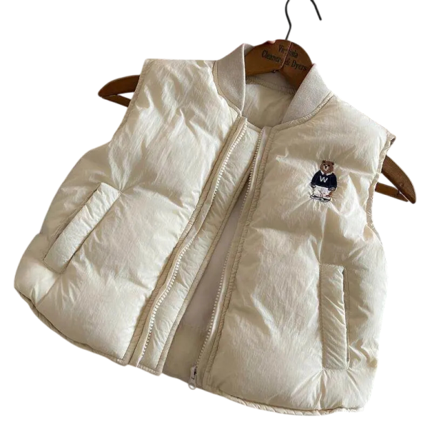 Barn vinterväst med baseballkrage Bomullsväst utan ärmar för pojkar och flickor Med fickor och dragkedja Broderad nalle på bröstet Polyester beige 6