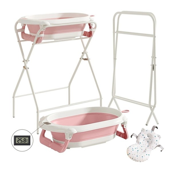 Barnbadkar 3 i 1 med hopfällbart stativ 72 cm metallkonstruktion badning av spädbarn hemma och i badrummet rosa