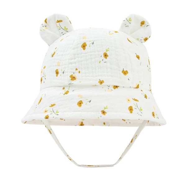 Barnens bomullshatt med öron gula blommor med snörning Omkrets 35–39 cm Skärm 27 cm Djup 11 cm Hatt 3–12 månader 1