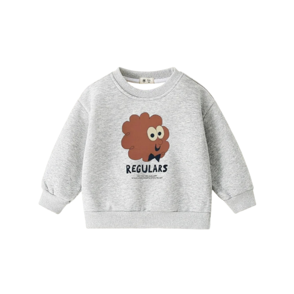Barnens grå hoodie för pojkar med tryck av en figur och rund halsringning, lång ärm och ribbade muddar 3