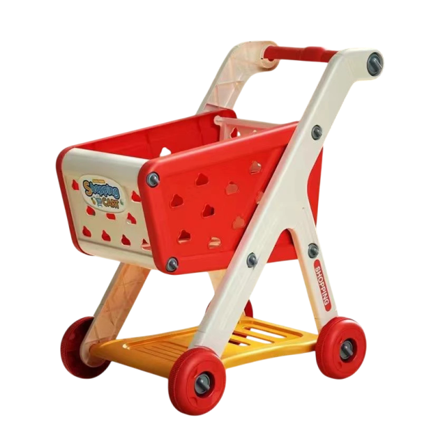 Barnens shoppingvagn 48 x 42 x 28 cm Plastvagn med blå eller röd korg och 26 st livsmedel Lekbutik med riklig utrustning röd