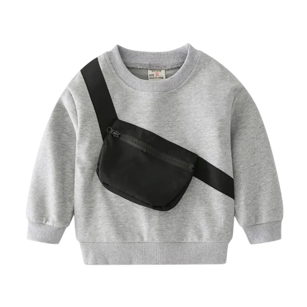Barns grå hoodie för pojkar med midjeväska och rund halsringning, lång ärm och ribbade muddar 6