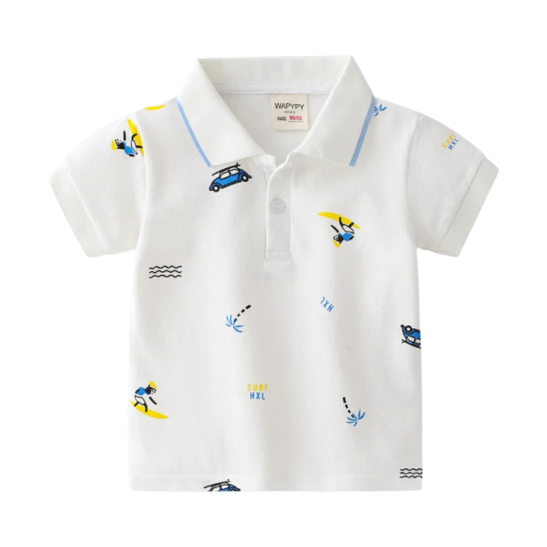 Barns pojkpoloshirt med krage och strandmotiv Kort ärm Vit bomullströja med knappar till mitten Sommar stiligt klädesplagg 3