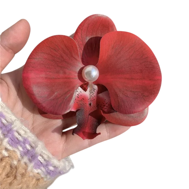 Barrette Phalaenopsis avec perle Orchidée florale Papillon Nœud Accessoire capillaire élégant Barrette en tissu rouge