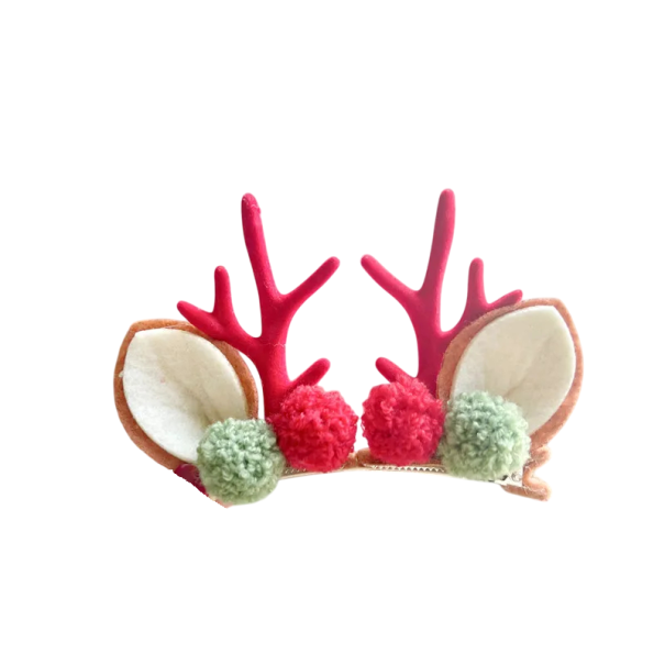 Barrettes de Noël Rennes avec des cornes, des oreilles et des pompons en vert et rouge Accessoire original pour coiffure de Noël rouge