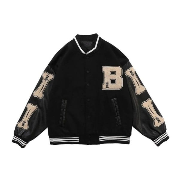 Baseballjakke til kvinder og mænd med patches i form af bogstavet B og knogler Løs pasform og blanke ærmer Ribbet krave og kant Polyester sort M