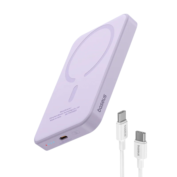 Baseus Mini magnetická powerbanka 5000mAh 20W kabelová i bezdrátová rychlonabíječka USB-C Kompaktní design pro iPhone a Samsung fialová