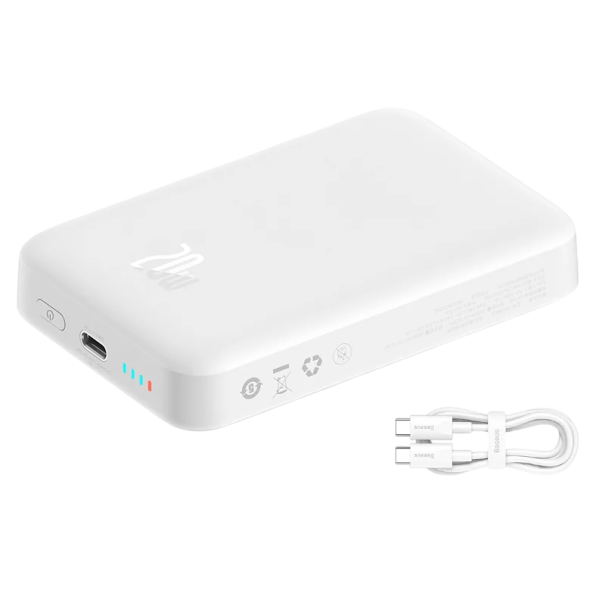 Baseus powerbank magnética 10000 mAh Mini carregador rápido sem fios 15 W com despertar automático para iPhone 16 15 14 13 Pro Max branco