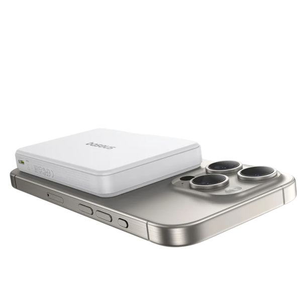 Baseus Qi2 power bank magnetica 10000mAh 15W ricarica wireless 22,5W cavo USB-C Power Delivery iPhone 16 15 14 13 12 Pro Max bianco