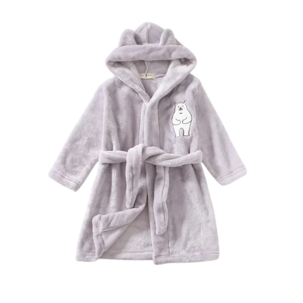 Bata de niño unisex de felpa con cinturón de cordón de poliéster y algodón, de color sólido con estampado de oso, bata suave gris 4
