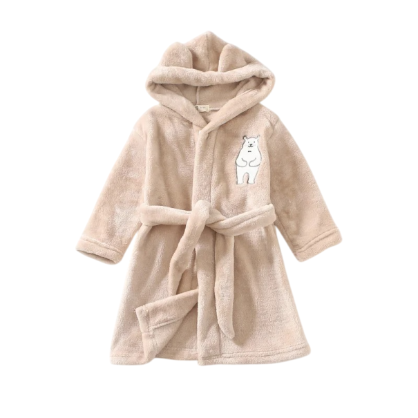 Bata de niño unisex de felpa con cinturón de cordón de poliéster y algodón, de color sólido con estampado de oso, bata suave marrón 12