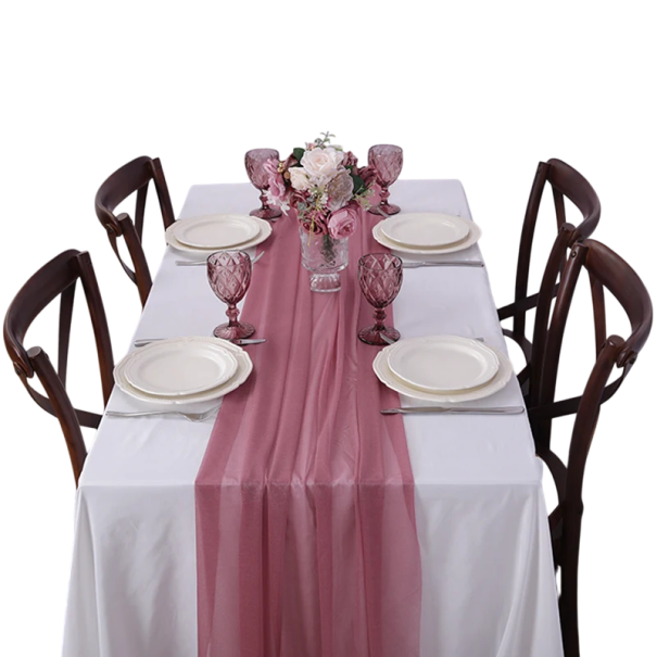 Bătătură din şifon pentru masă 75x1000 cm Extra lungă din material poliester transparent decorare pentru nuntă stil boho petrecere de aniversare arc de nuntă roz închis