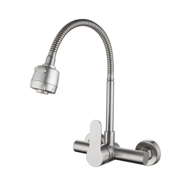 Batería de cozinha de parede com alavanca em latão com braço rotativo a 360° e 2 funções com válvula cerâmica para água quente e fria para a pia cinzento