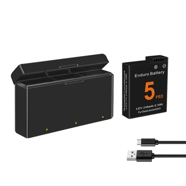 Baterie 2100 mAh cu încărcător și încărcare rapidă 3 sloturi pentru Osmo Action 3 4 5 Pro Set de încărcare pentru camere 1
