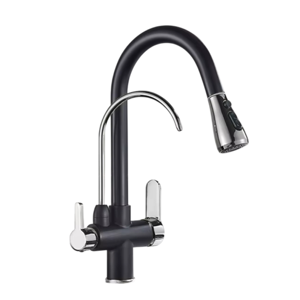 Baterie de bucătărie filtrantă rotativă la 360° cu design bicolor și braț retractabil, 3 moduri de amestecare a apei calde și reci, 34x11,5 cm negru