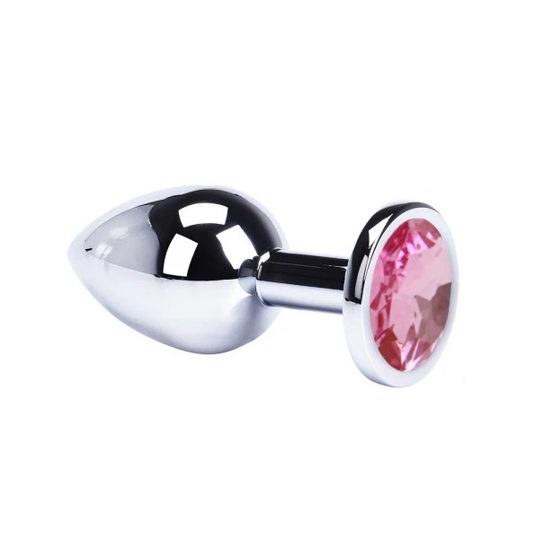 Bâtonnet anal en métal avec pierre colorée taille M 34mm surface lisse design ergonomique entretien facile emballage discret rose