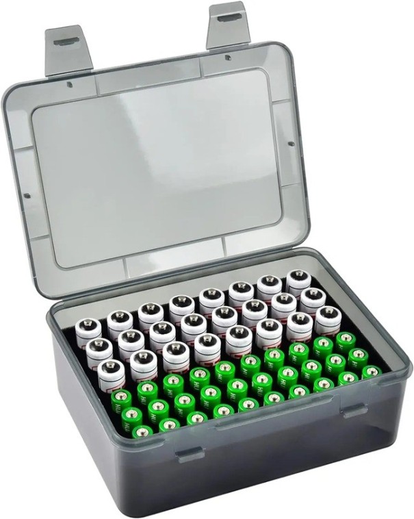 Batteriehalter für 32x AA und 40x AAA Batterien Neutrale Farben Aufbewahrungs-Organizer mit Fächern für eine sichere und geordnete Batterieaufbewahrung grau