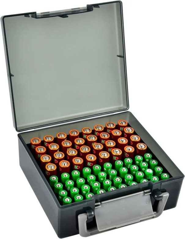 Batterijhouder voor 32x AA- en 40x AAA-batterijen Neutrale kleuren Opbergorganizer met compartimenten voor veilige en georganiseerde batterijopslag zwart